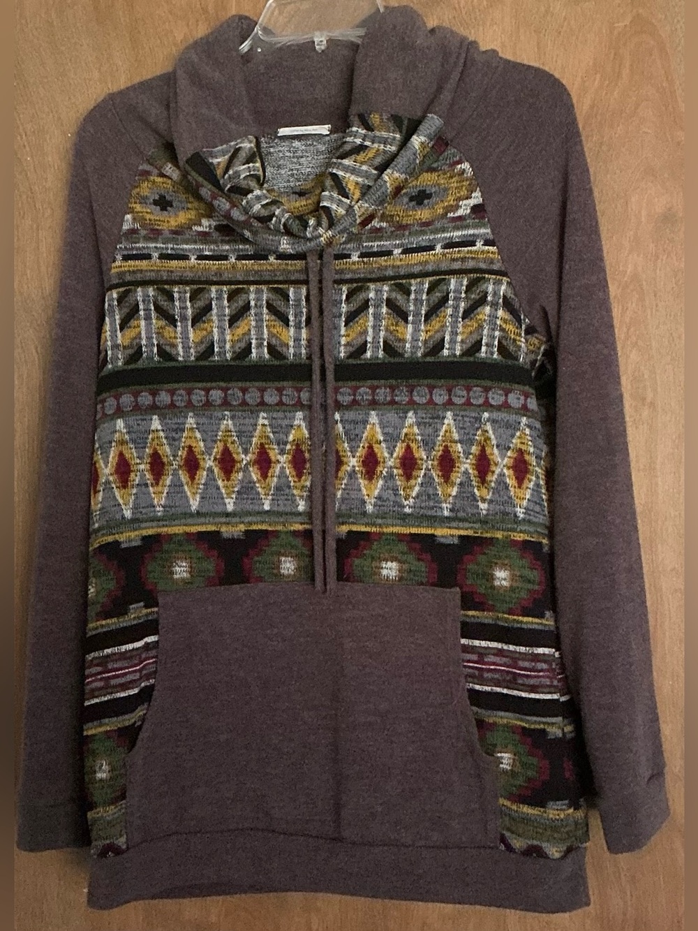 12PM By Mon Ami Women Axtec Geometric Cowl Neck Pullover Sweatshirt Multicolor M